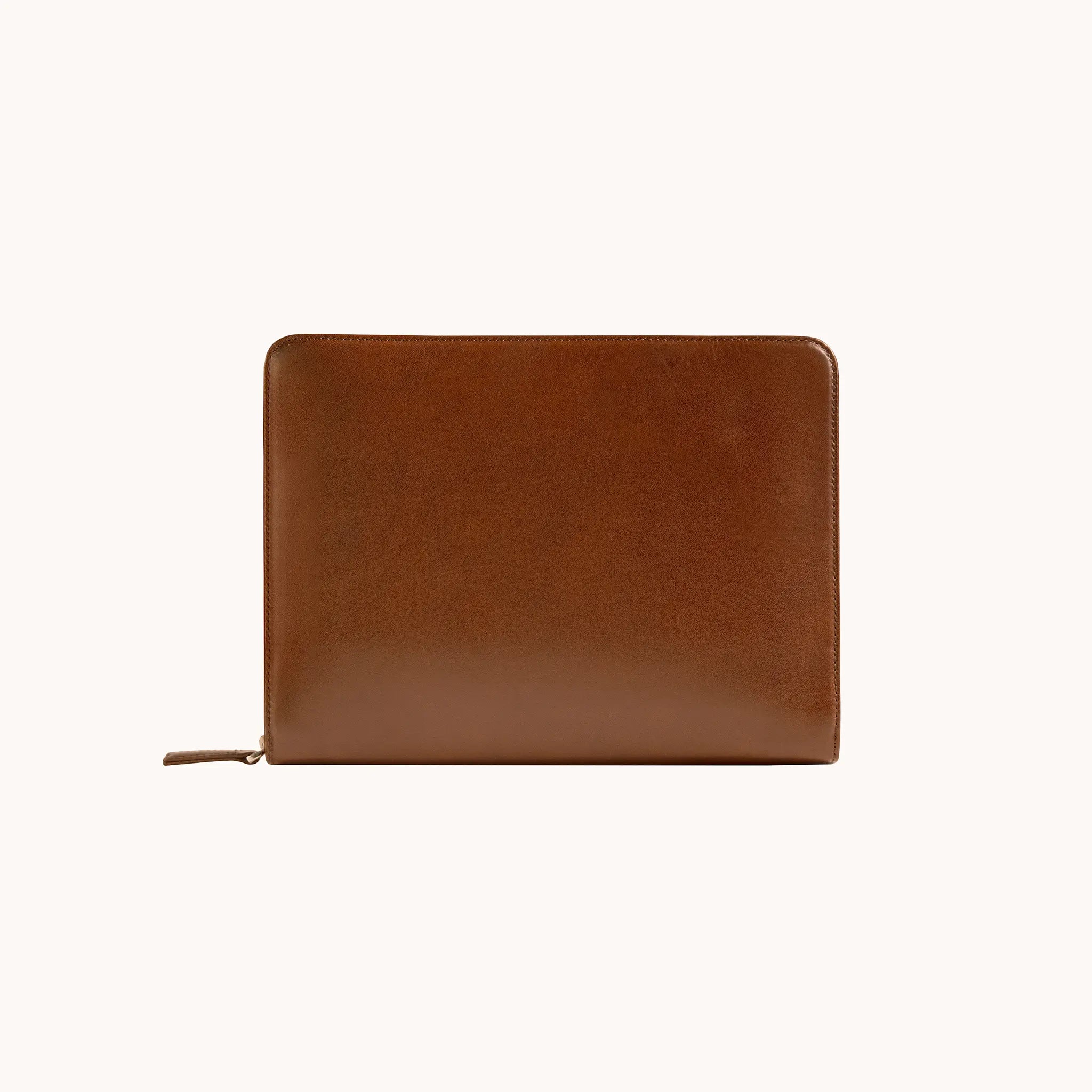 Lunburg Memoir Workstation in Deep Mahogany, back view showing the clean rear panel and YKK Excella zipper with leather pull, in vegetable-tanned Perpetual Leather (from Tempesti) with folded edge construction.