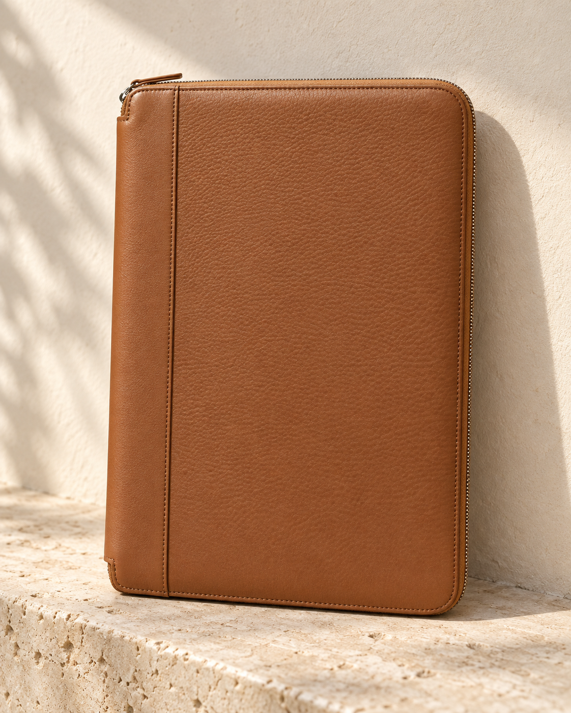 Illustrative flat rectangular zip portfolio with rounded corners, a longitudinal spine seam, border stitching and zip pull.