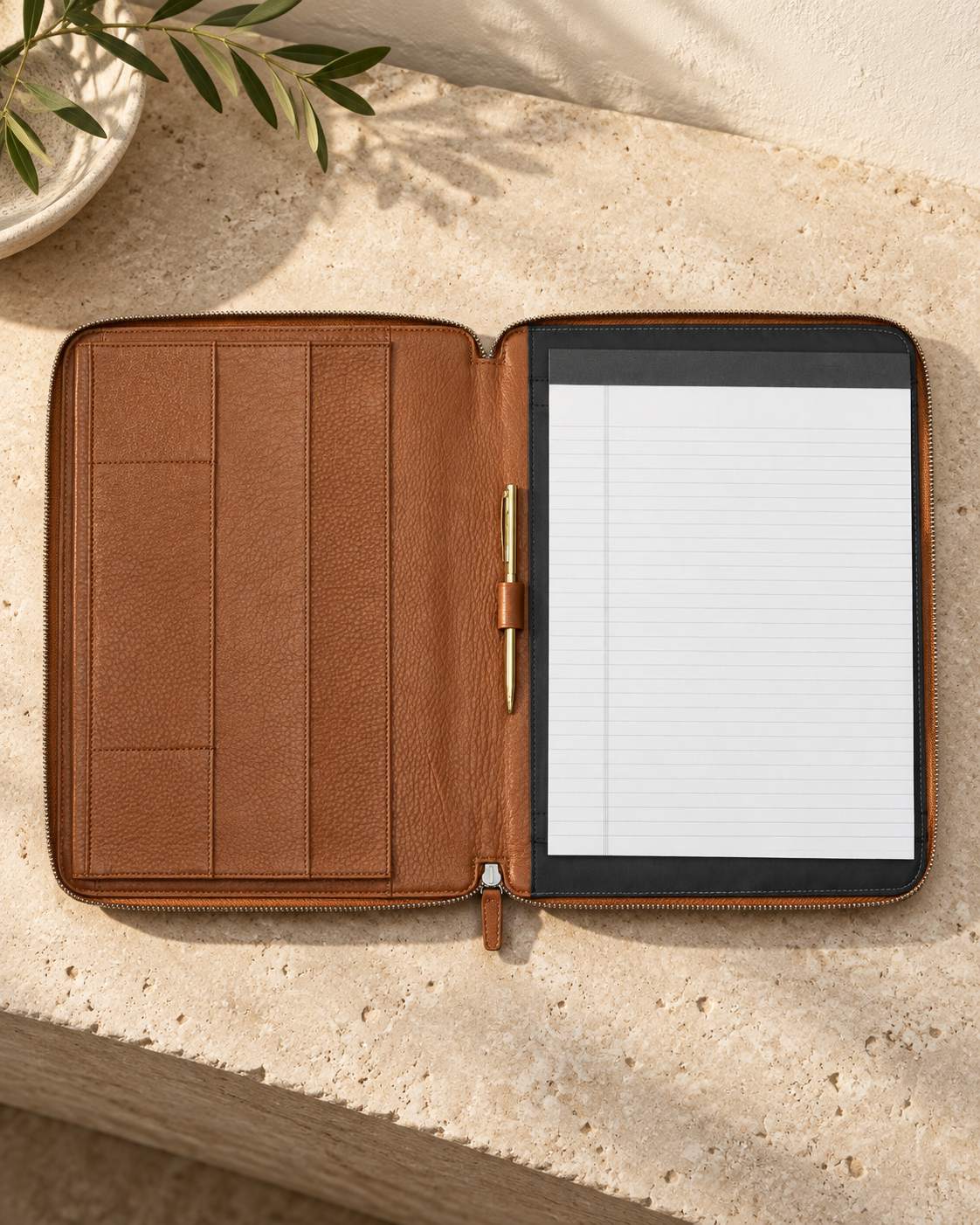 Open illustrative portfolio showing tall left pocket sections, smaller segmented pockets, a central pen loop and right-hand writing-pad area.