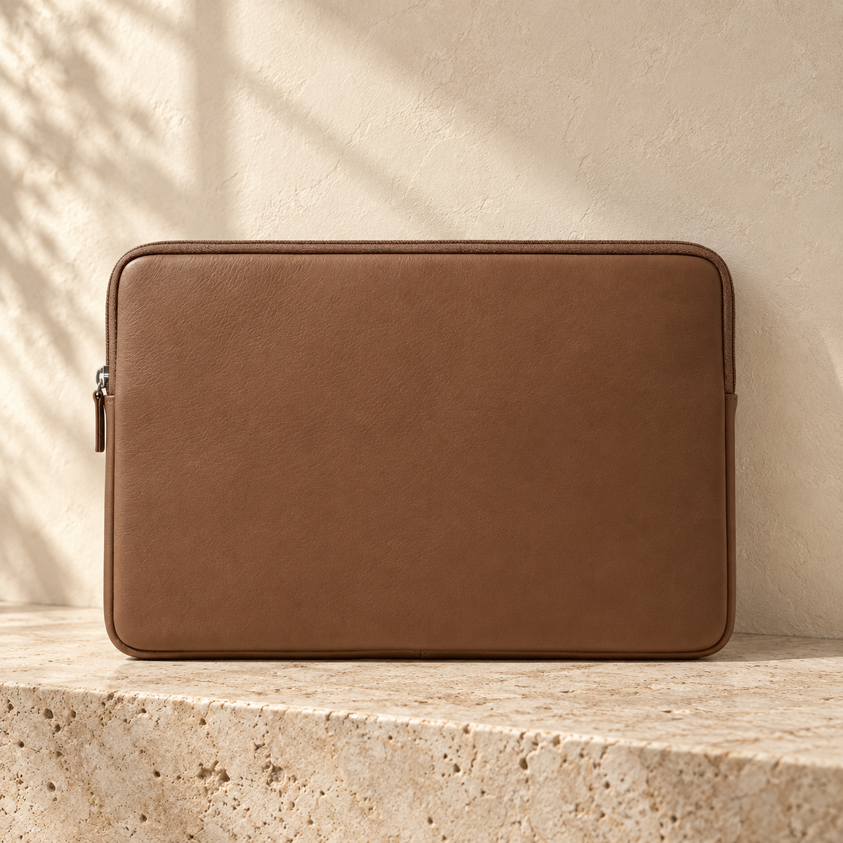 Illustrative zip-top device sleeve — rectangular brown sleeve with rounded corners, plain front, rounded perimeter profile and zip around the upper opening.