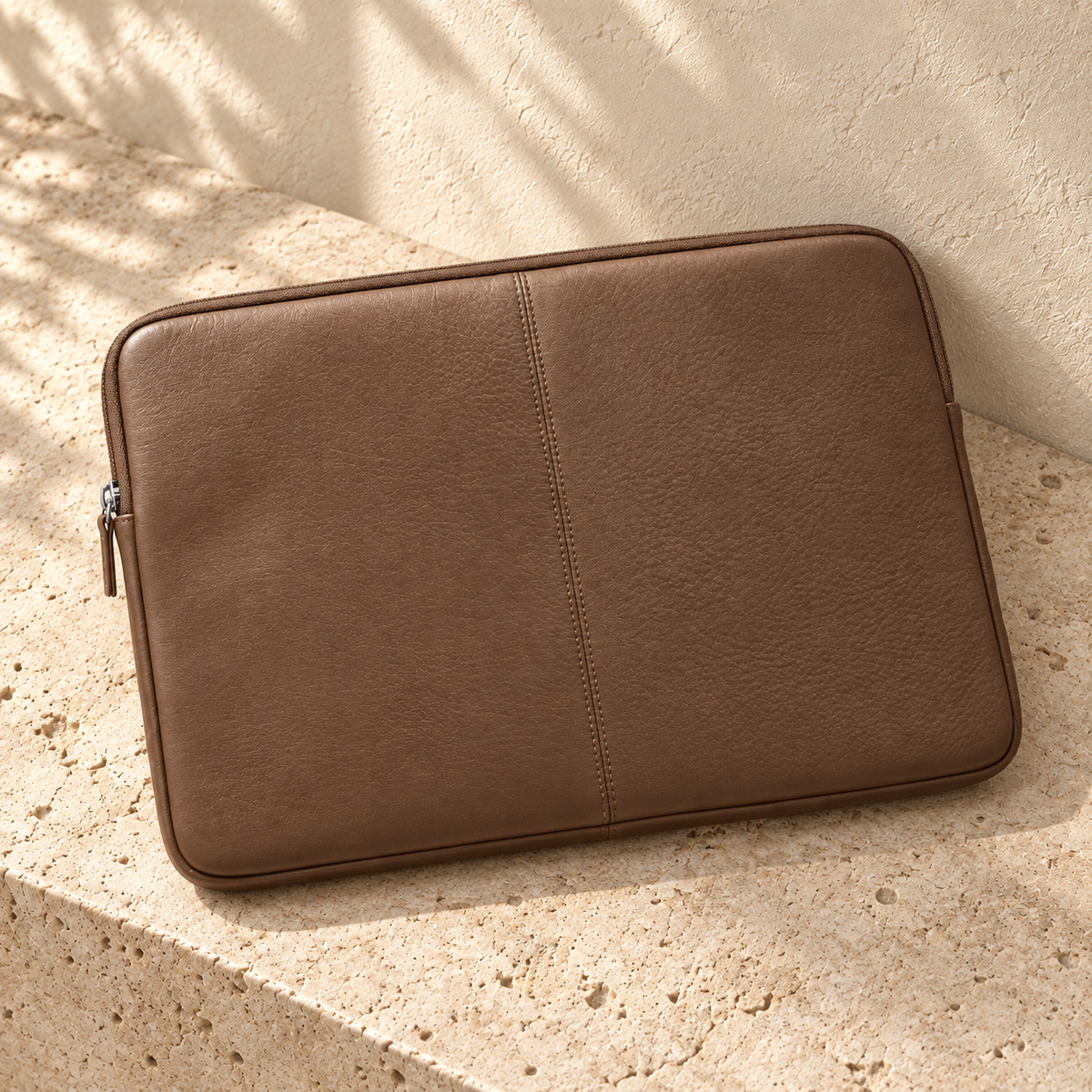 Illustrative zip-top device sleeve — reverse shows a vertical centre seam and the same zip/pull arrangement.