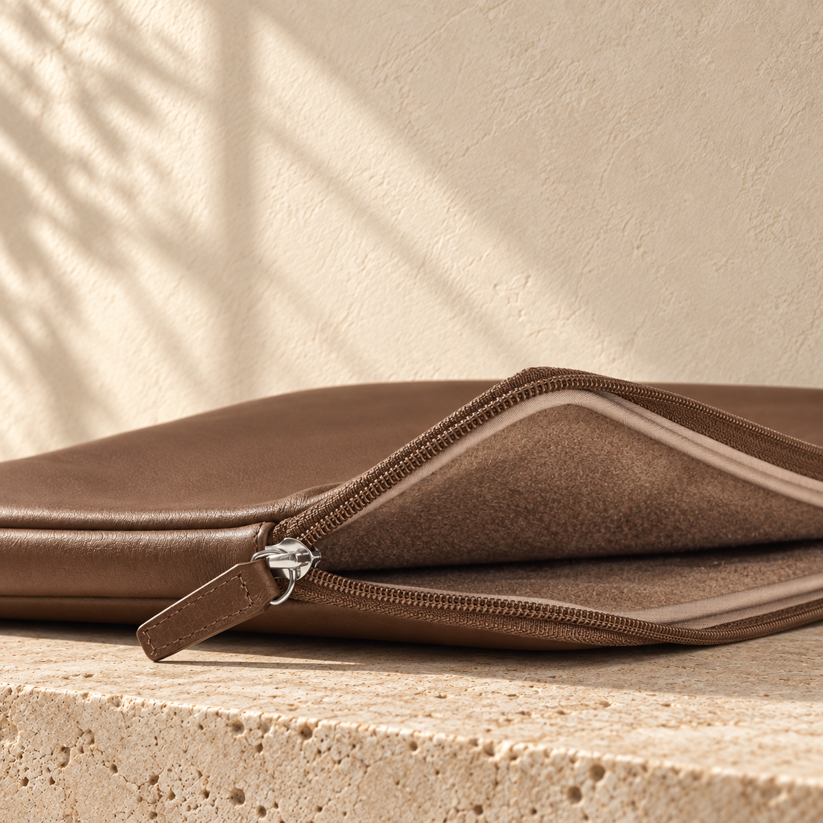 Illustrative zip-top device sleeve — open detail shows fuzzy tan interior appearance, pale edge binding, zip tape and a stitched pull.