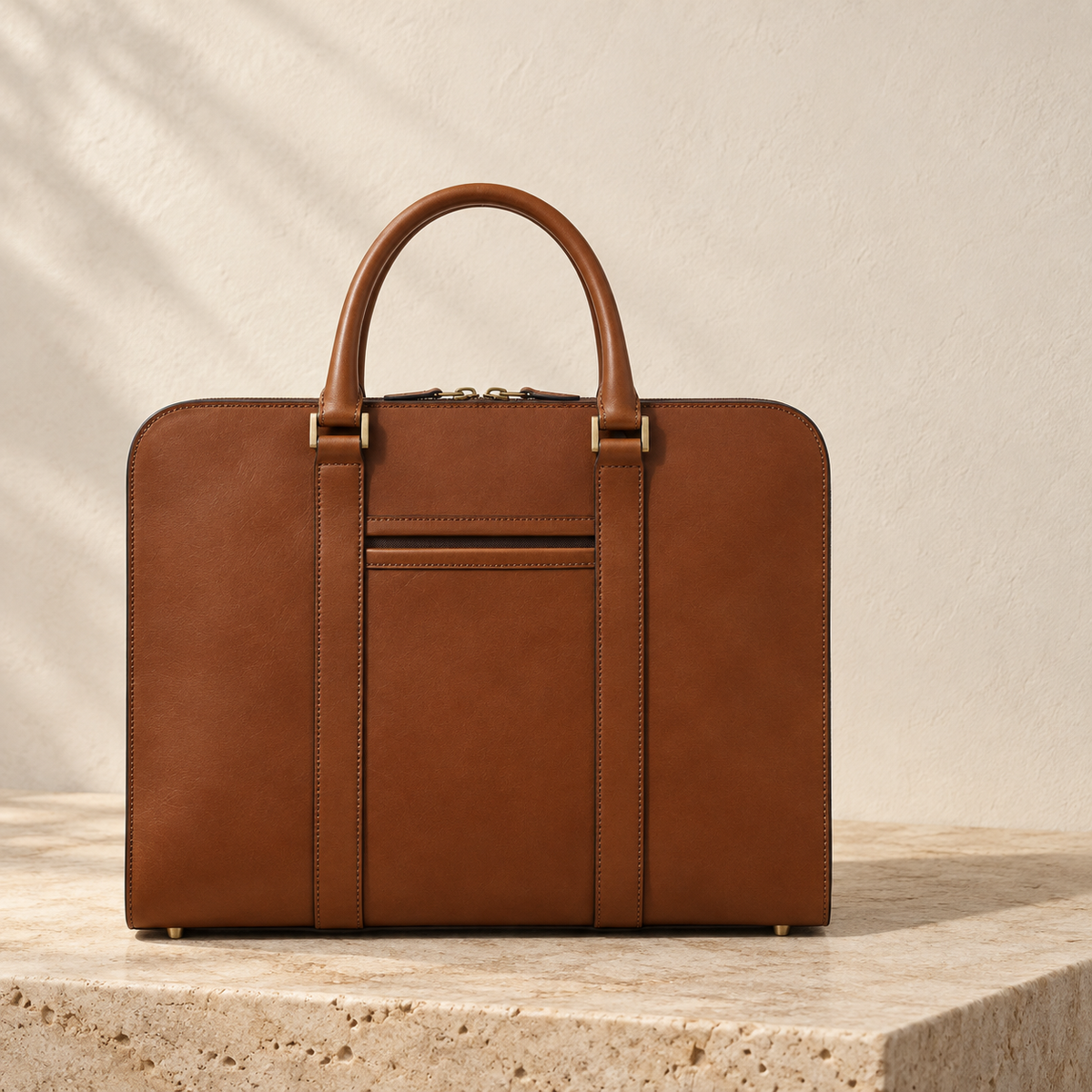 Illustrative rectangular briefcase with rolled handles on metal loops, long vertical handle strips, a front slip opening and top zip.