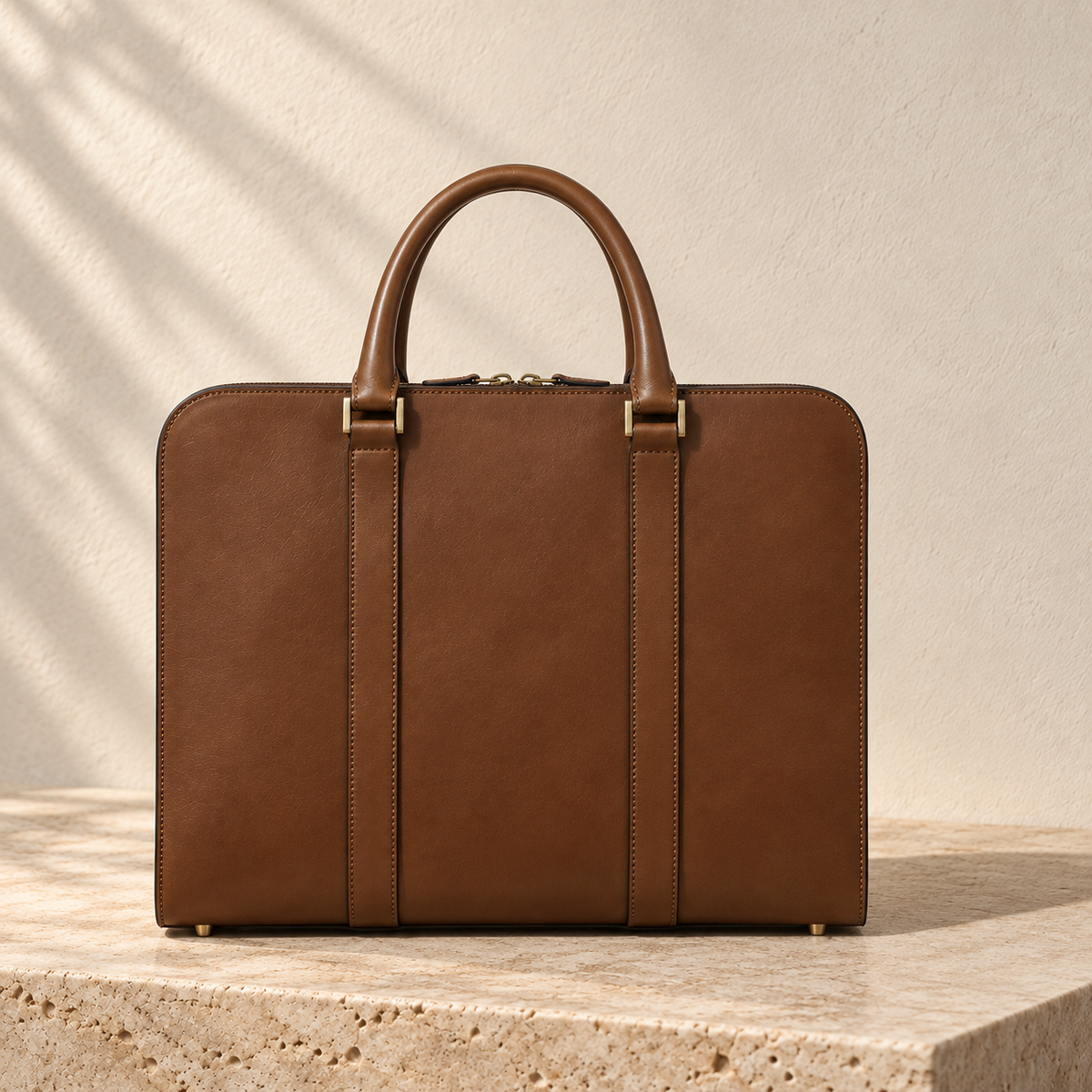 Opposite side of the illustrative briefcase showing a plain panel between vertical handle strips and small feet at the base.