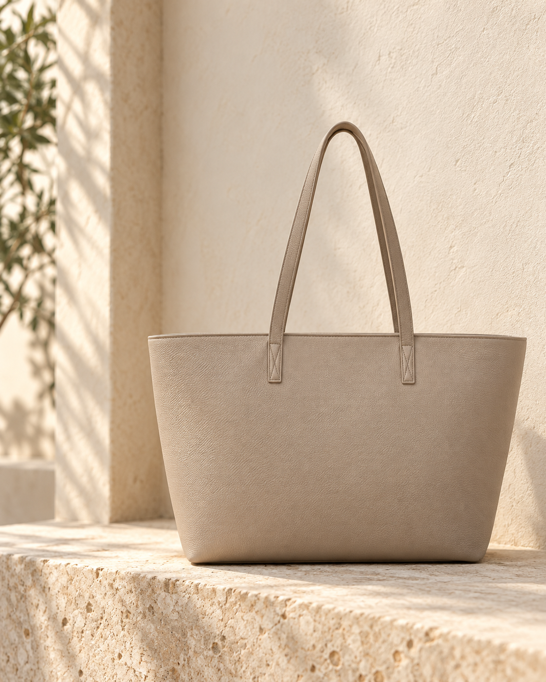 Illustrative trapezoid work tote with two long flat handles attached to short box-stitched tabs.