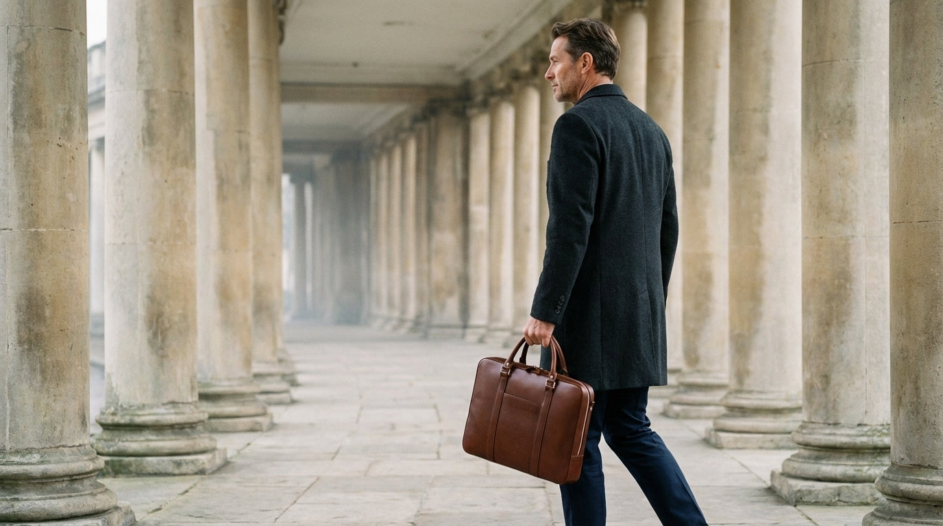 A man carrying a Lunburg leather briefcase through a stone colonnade