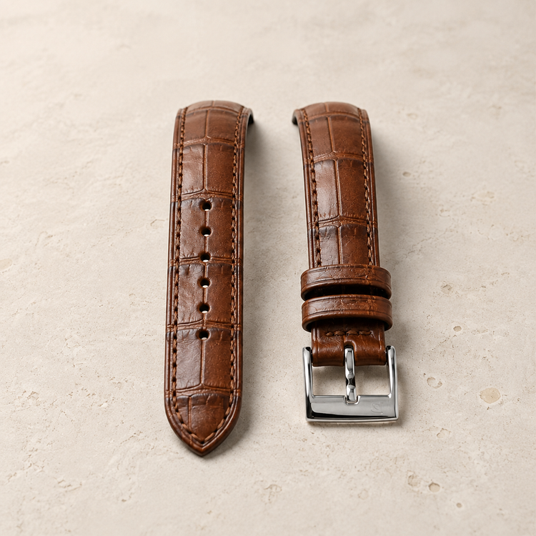 Cinturino per orologio marrone in due pezzi con cuciture, due passanti e fibbia ad ardiglione color argento.
