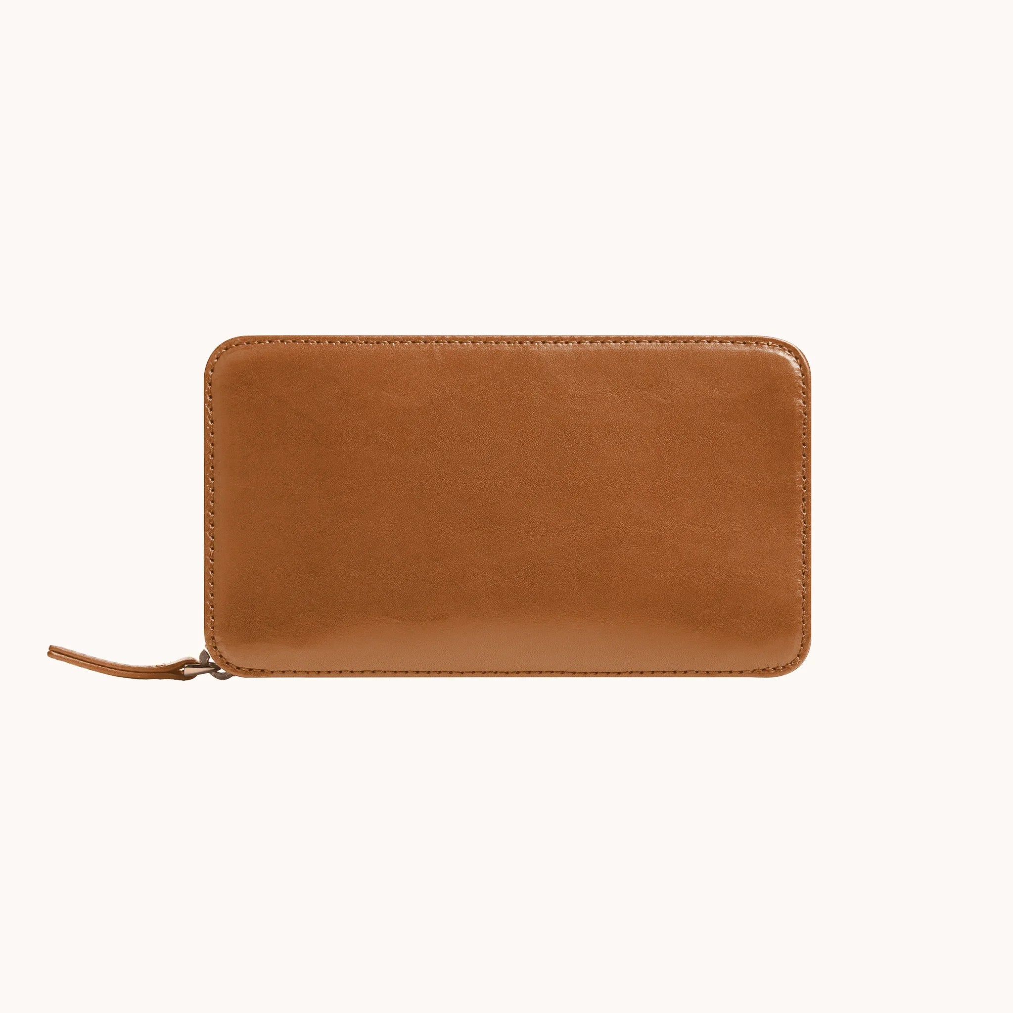 Lunburg Double Cigar Case Curator in Heritage Amber, back view, smooth vegetable-tanned Perpetual Leather (from Tempesti) panel with folded edge construction and saddle stitching perimeter detail.