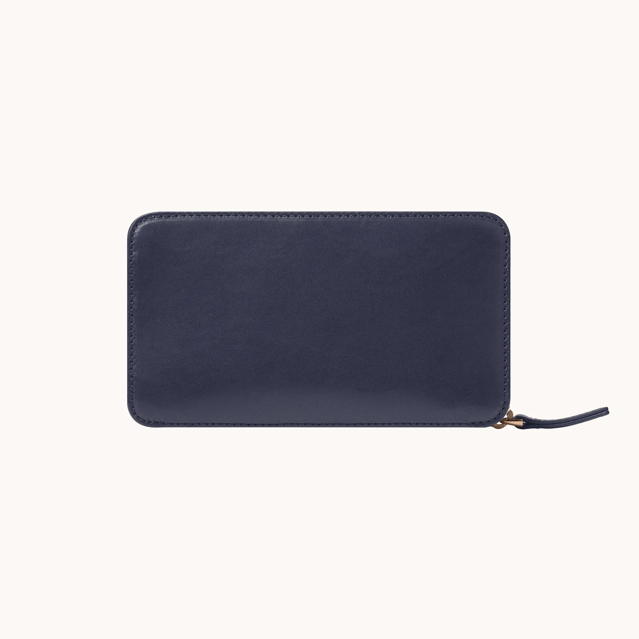 Lunburg Double Cigar Case Curator in Nocturnal Sapphire, front view, vegetable-tanned Perpetual Leather (from Tempesti) with Rempliage folded edge construction, YKK Excella zipper with leather pull tab.