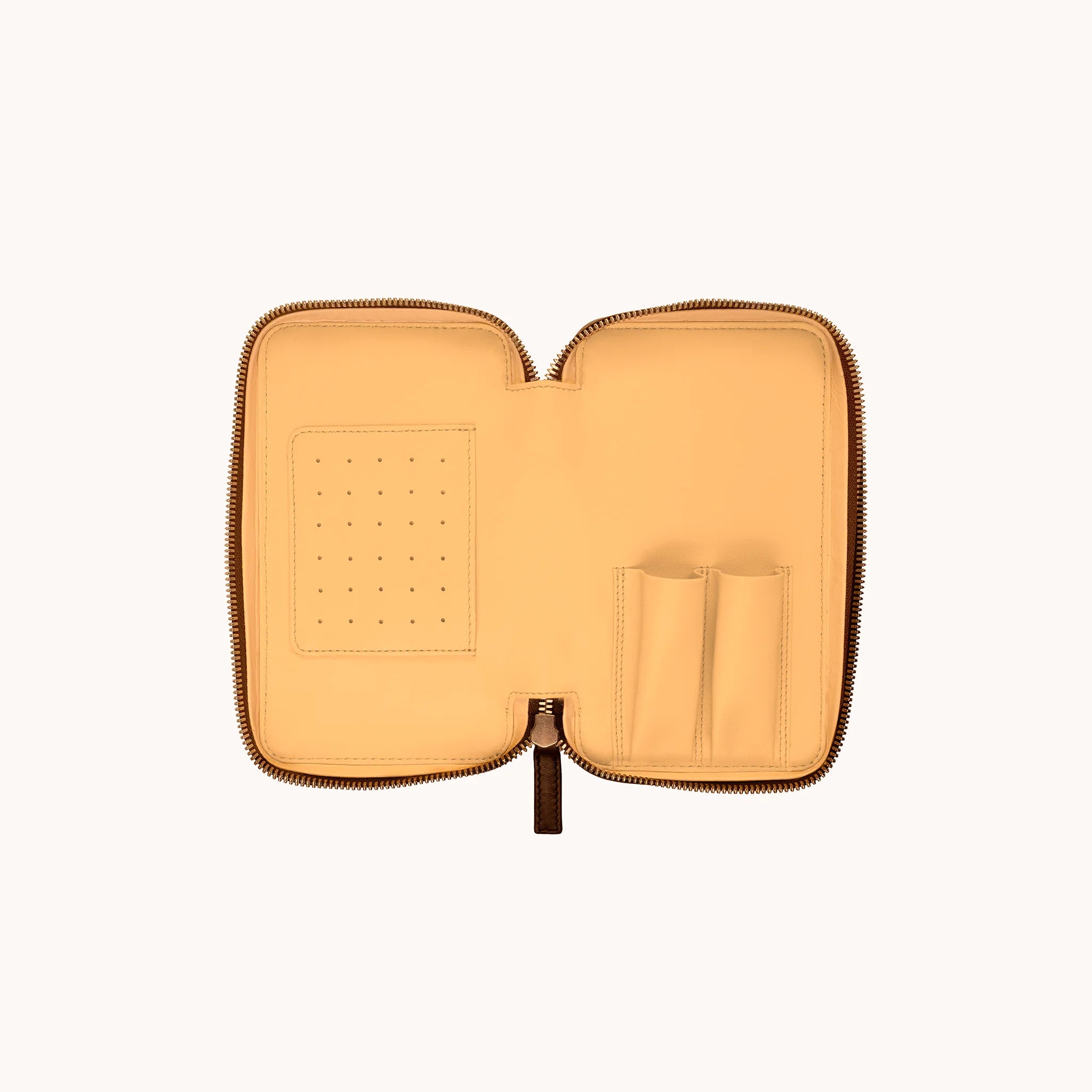 Lunburg Double Cigar Case Curator in Deep Mahogany, interior view showing goat leather lining, perforated humidification panel on the left leaf, and two upright cigar sleeves on the right, YKK Excella zipper frame visible.