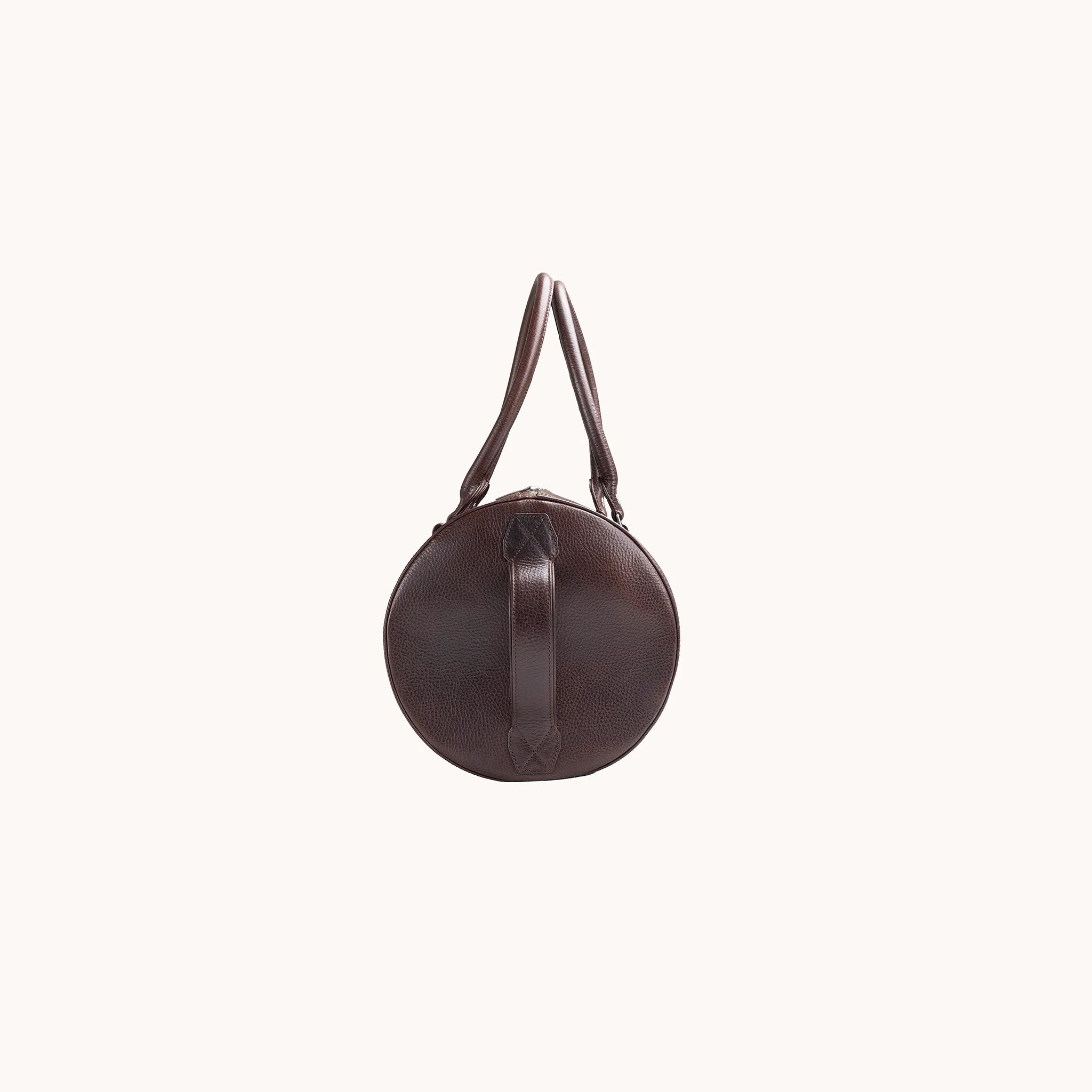 Lunburg Estate Club Bag in tumbled Deep Mahogany leather, opposite side profile with side seam and base.