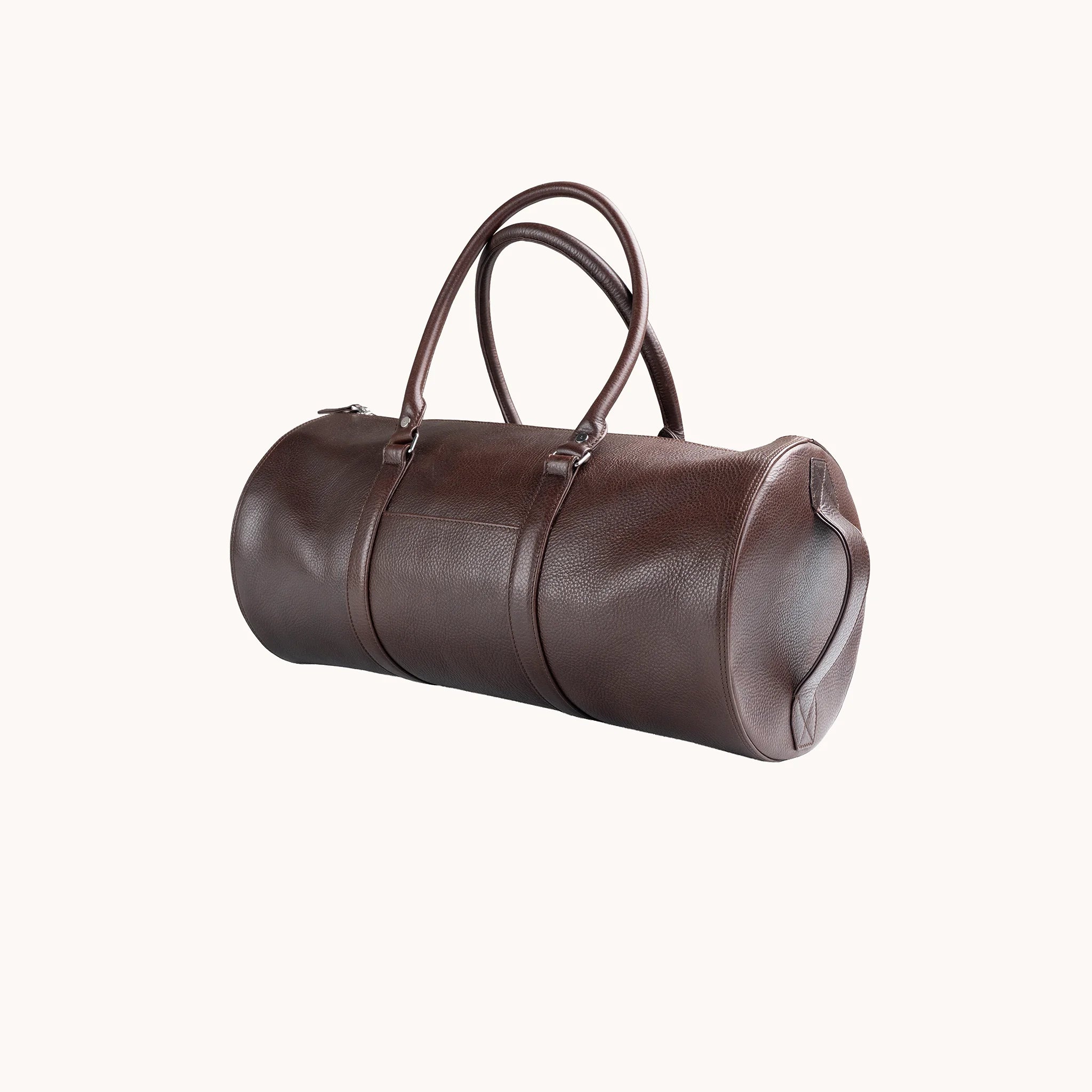 Lunburg Estate Club Bag in tumbled Deep Mahogany leather, three-quarter view showing depth and handle drop.