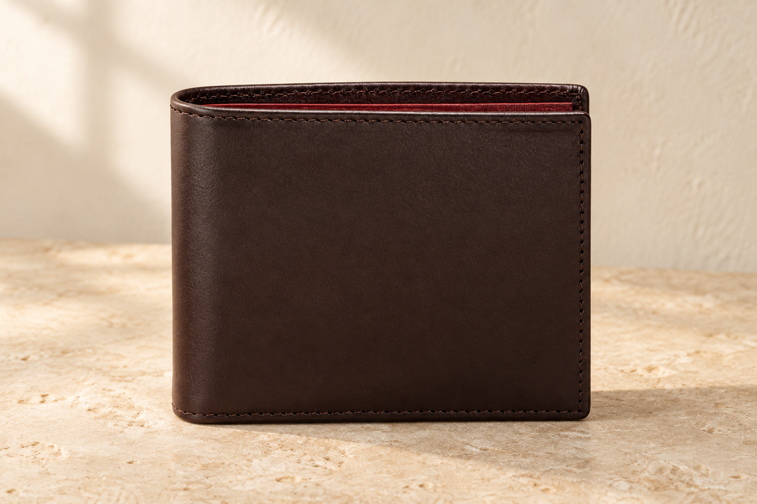 Cartera plegable ilustrativa con monedero: cartera cerrada de lomo redondeado con perímetro oscuro estrecho y costuras; bordes interiores en contraste de la sección de billetes.