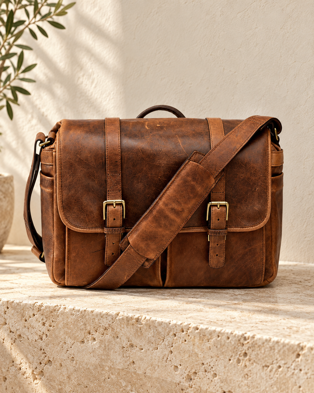 Illustrative brown equipment bag with two buckled front straps, two front pockets, side pockets, a carry handle and wide shoulder pad.