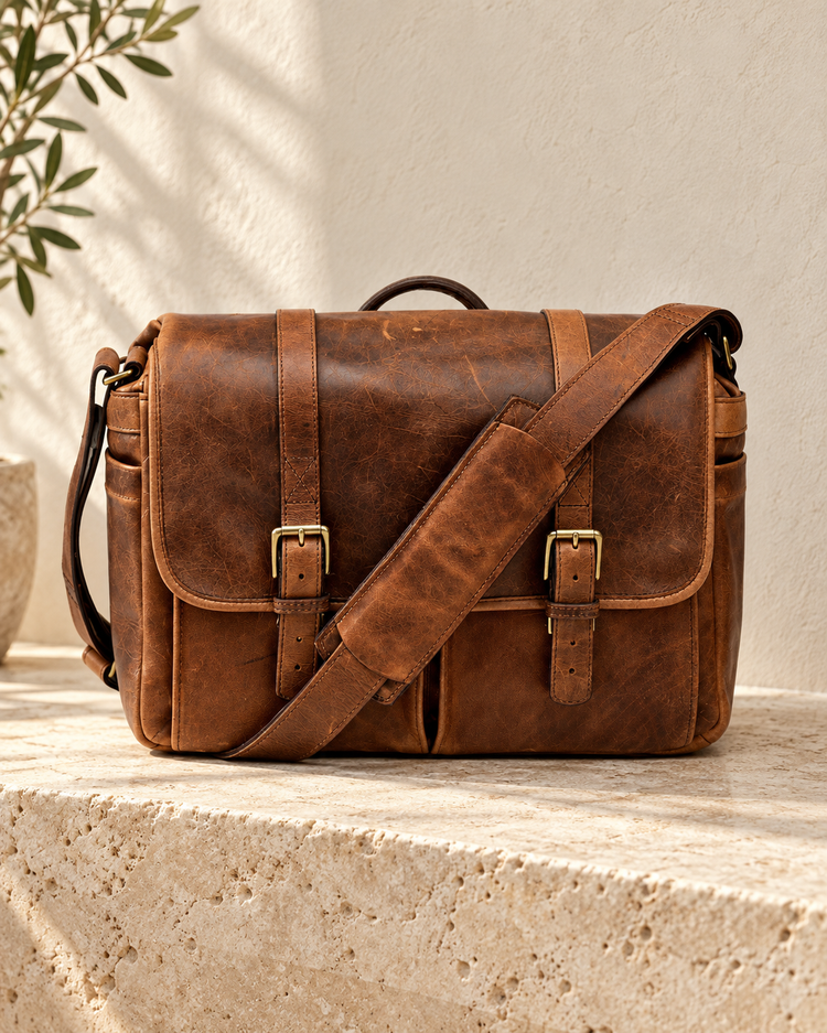 Illustrative brown equipment bag with two buckled front straps, two front pockets, side pockets, a carry handle and wide shoulder pad.