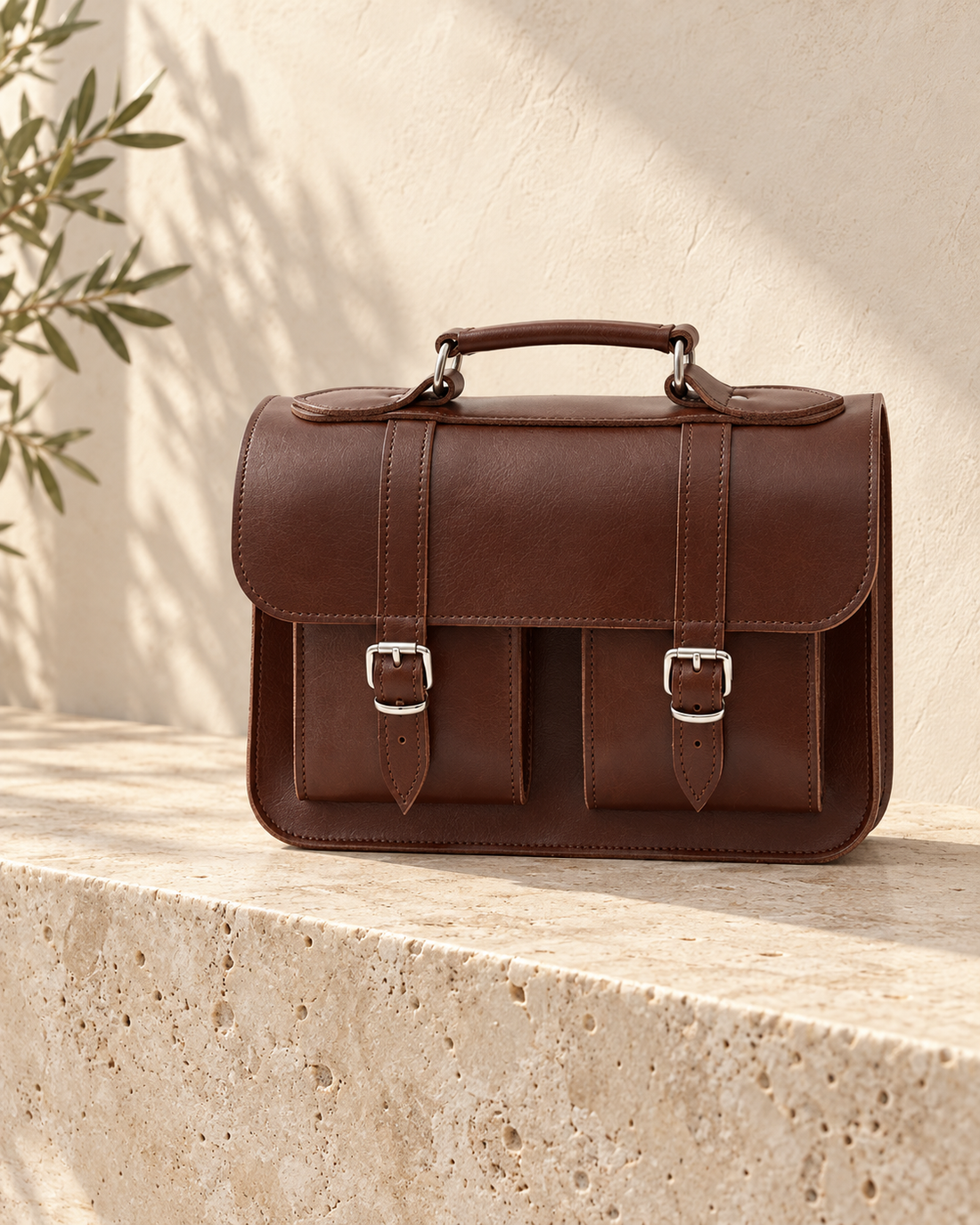 Sac cartable à compartiments illustratif : corps horizontal, large rabat, deux pattes à boucle, deux poches avant et poignée supérieure sur anneaux.