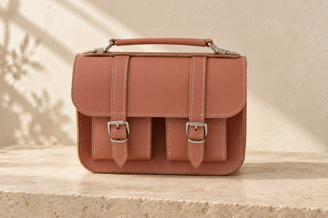 Illustrative satchel with a curved-corner flap, twin buckles, two projecting front pockets and a short handle.