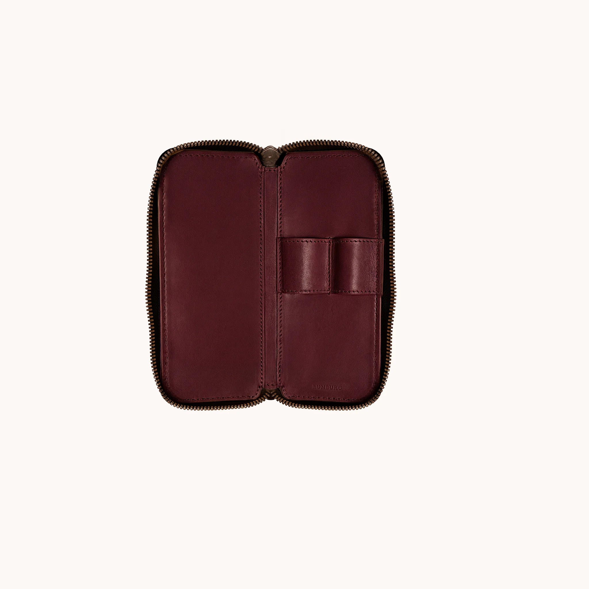 Lunburg Double Pen Case Curator in Deep Mahogany, interior view with case fully open, two leather pen loops side by side on the goat leather lining, heat-embossed Lunburg mark visible at lower edge, YKK Excella zipper framing the perimeter.