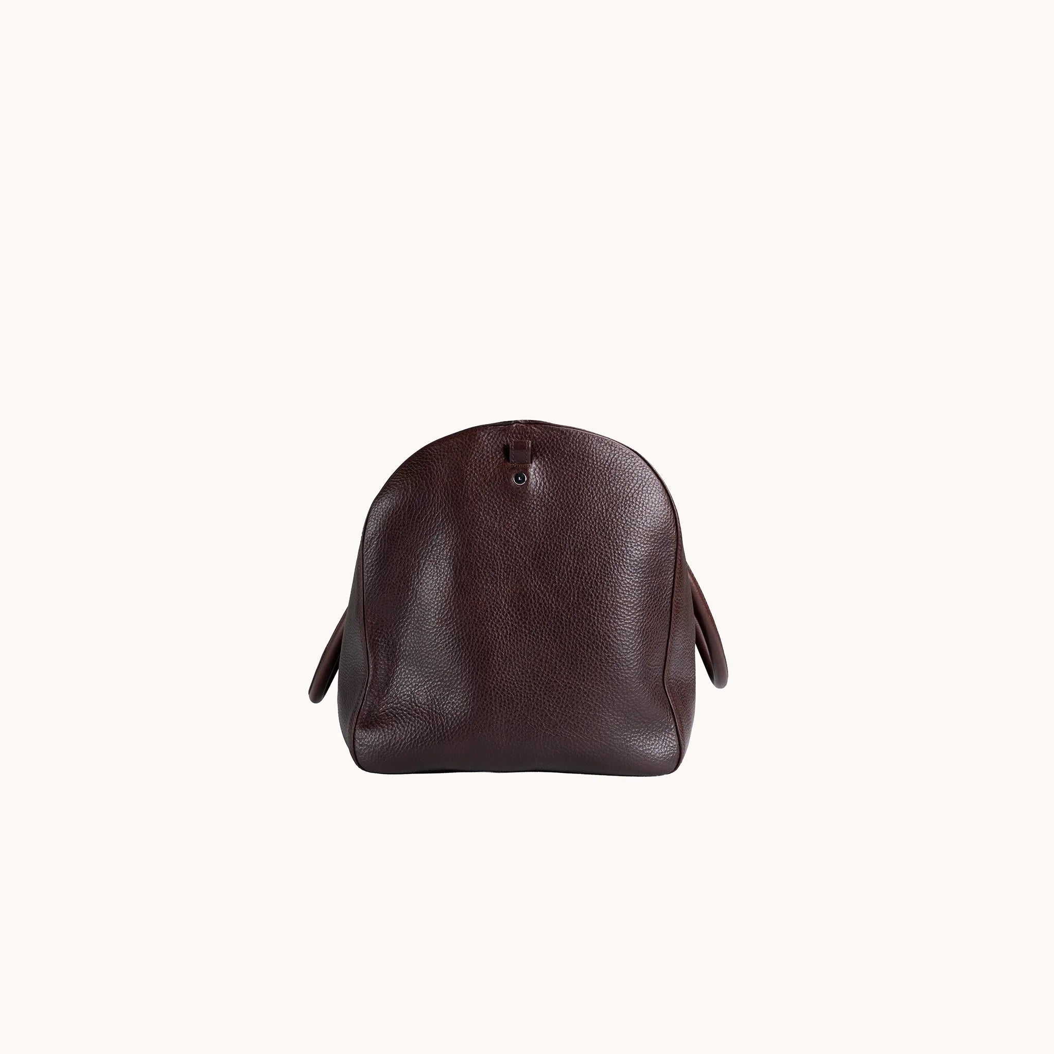 Lunburg Estate Duffle Bag in tumbled Deep Mahogany leather, opposite side profile with side seam and base.