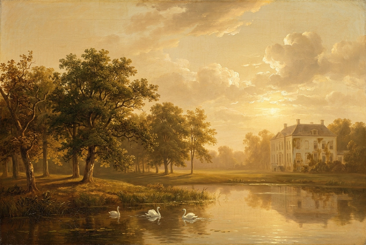 Dutch country manor at golden hour, three swans gliding on a still pond, mature trees framing the scene. Oil painting from The Estate Collection by Lunburg.