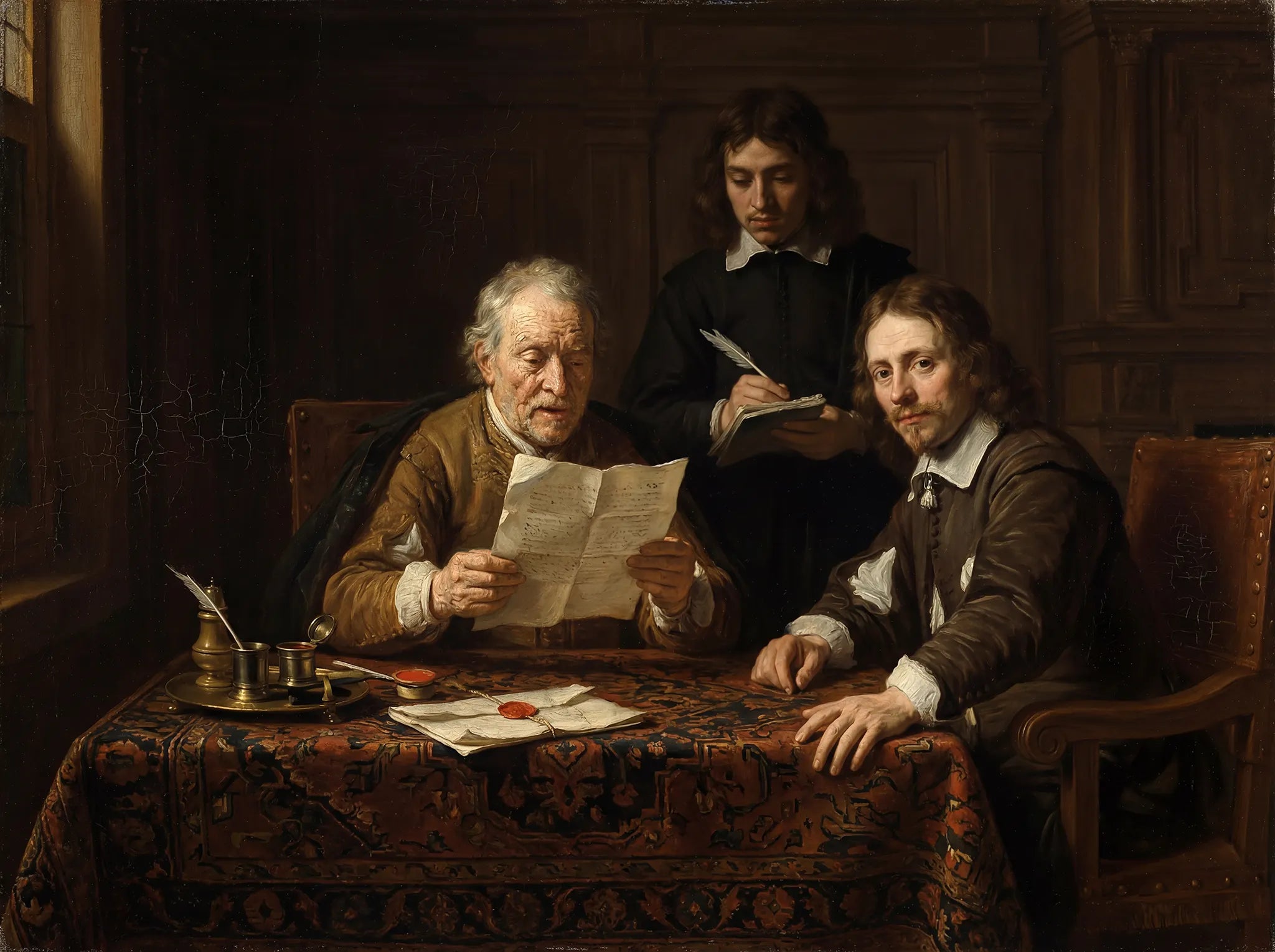 painting in the Dutch Golden Age tradition depicting three figures gathered around a document-laden table, an elder reads a sealed letter while a younger scribe records with a quill pen, wax seal and inkwell before them, evoking the diplomatic aide-mémoire tradition that inspired the Memoir collection's name.