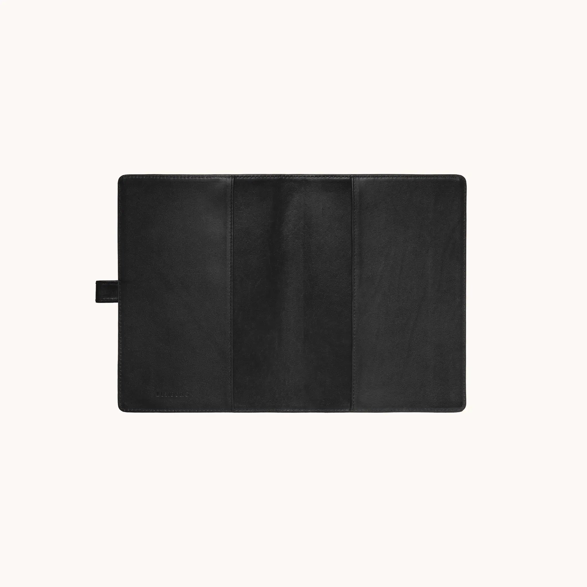 Lunburg Memoir Notebook Cover with Pen Loop in Burnt Timber, fully open interior view showing the left and right tuck sleeves, the leather pen loop on the left edge, and the heat-embossed Lunburg mark on the lower left, in vegetable-tanned Perpetual Leather (from Tempesti) with folded edge construction throughout.