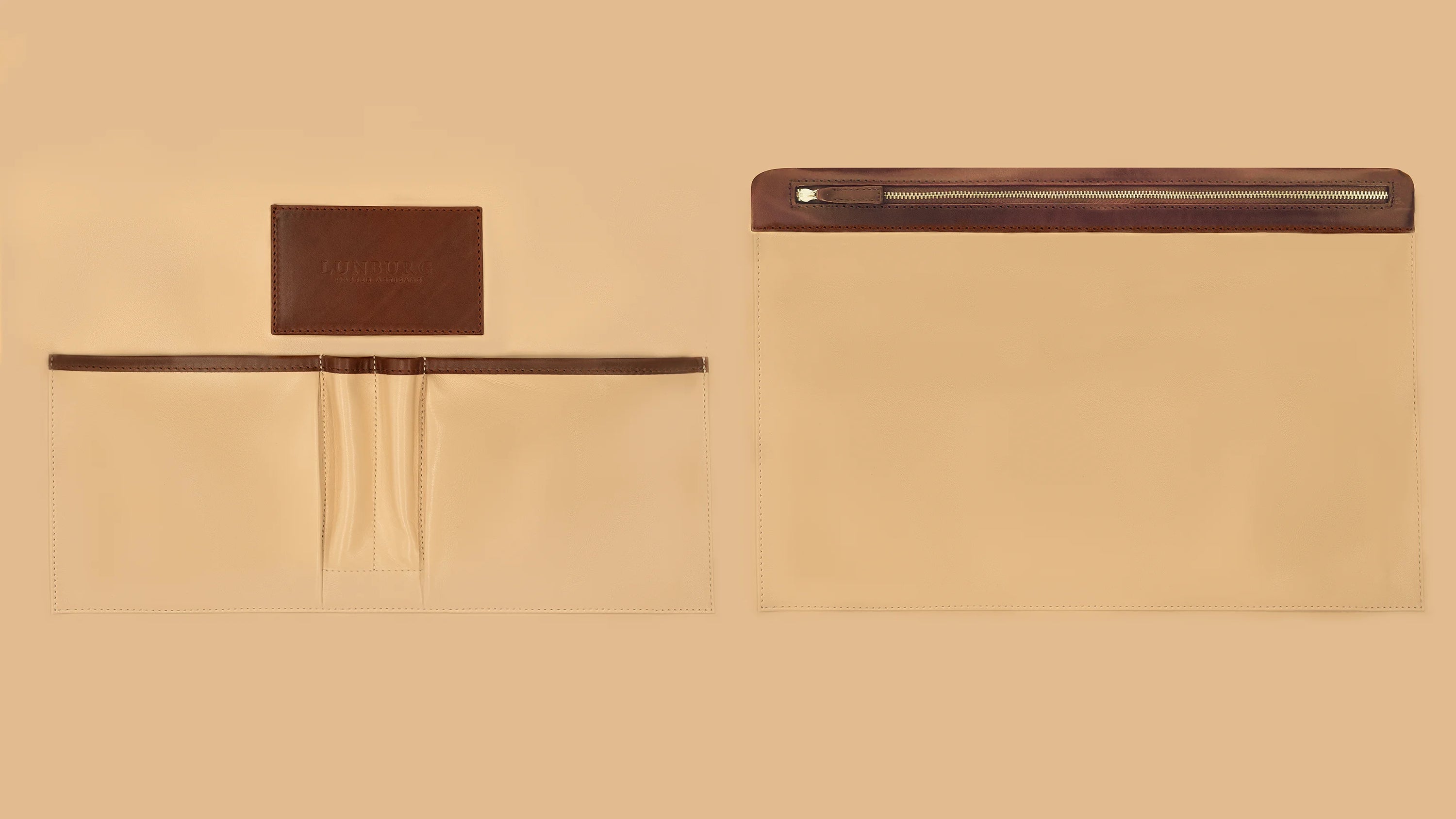 Lunburg Opus Briefcase Classic interior layout in high-contrast goat leather lining, showing both panels: heat-embossed Lunburg card holder, two pen holders, two large open pockets for documents and accessories, and one large zipped pocket for secure storage, with Deep Mahogany Perpetual Leather (from Tempesti) trim and 316L stainless steel hardware.