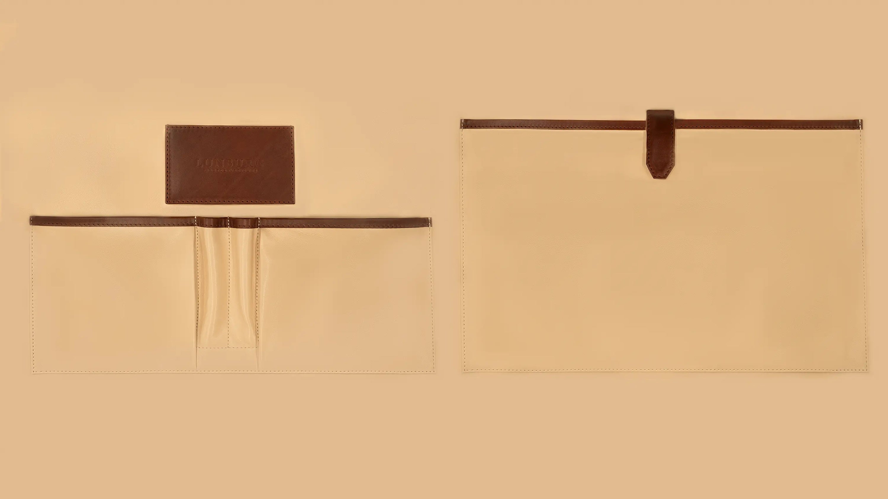 Lunburg Opus Briefcase Essential interior layout in high-contrast goat leather lining, showing both panels: heat-embossed Lunburg card holder, two pen holders, one large laptop compartment, and two large open pockets for documents and accessories, with Deep Mahogany Perpetual Leather (from Tempesti) trim and leather strap closure.