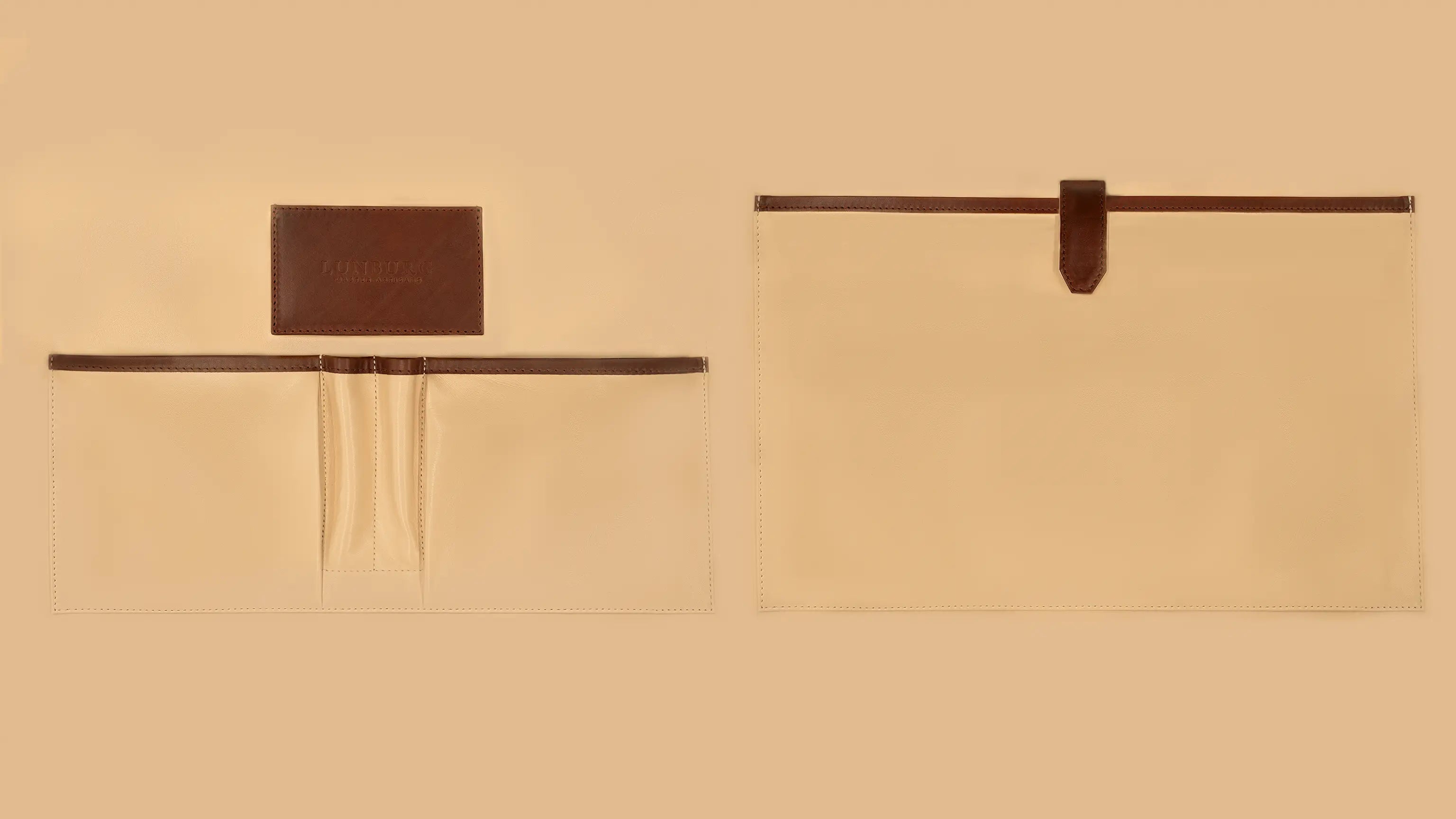 Lunburg Opus Briefcase Essential interior layout in high-contrast goat leather lining, showing both panels: heat-embossed Lunburg card holder, two pen holders, one large laptop compartment, and two large open pockets for documents and accessories, with Deep Mahogany Perpetual Leather (from Tempesti) trim and leather strap closure.