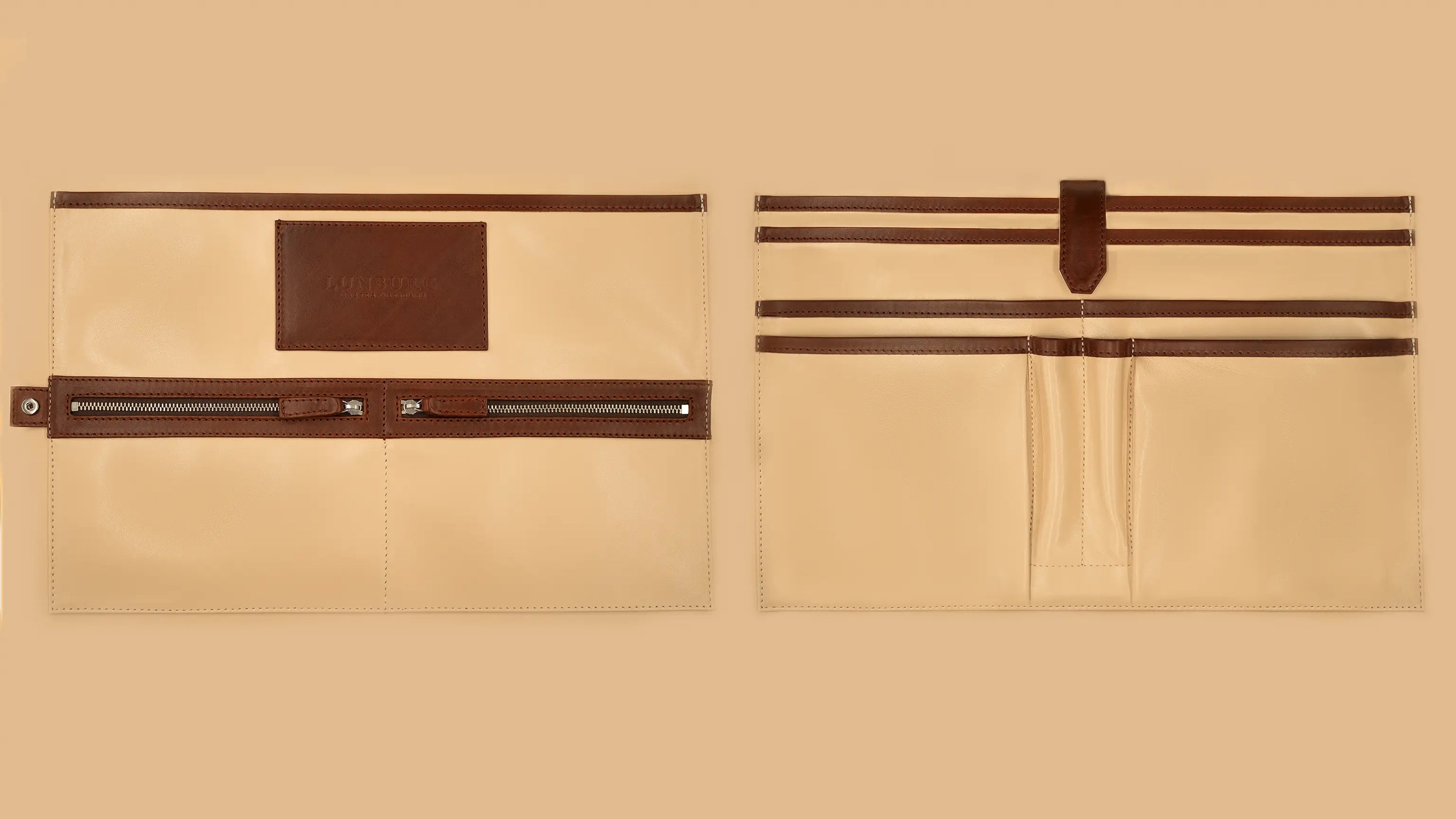 Lunburg Opus Briefcase Integral interior layout in high-contrast goat leather lining, showing both panels: heat-embossed Lunburg card holder, two pen holders, dedicated compartments for laptop, tablet, and documents, two zipped pockets for secure storage, and four large open pockets for accessories, with Deep Mahogany Perpetual Leather (from Tempesti) trim and 316L stainless steel hardware.