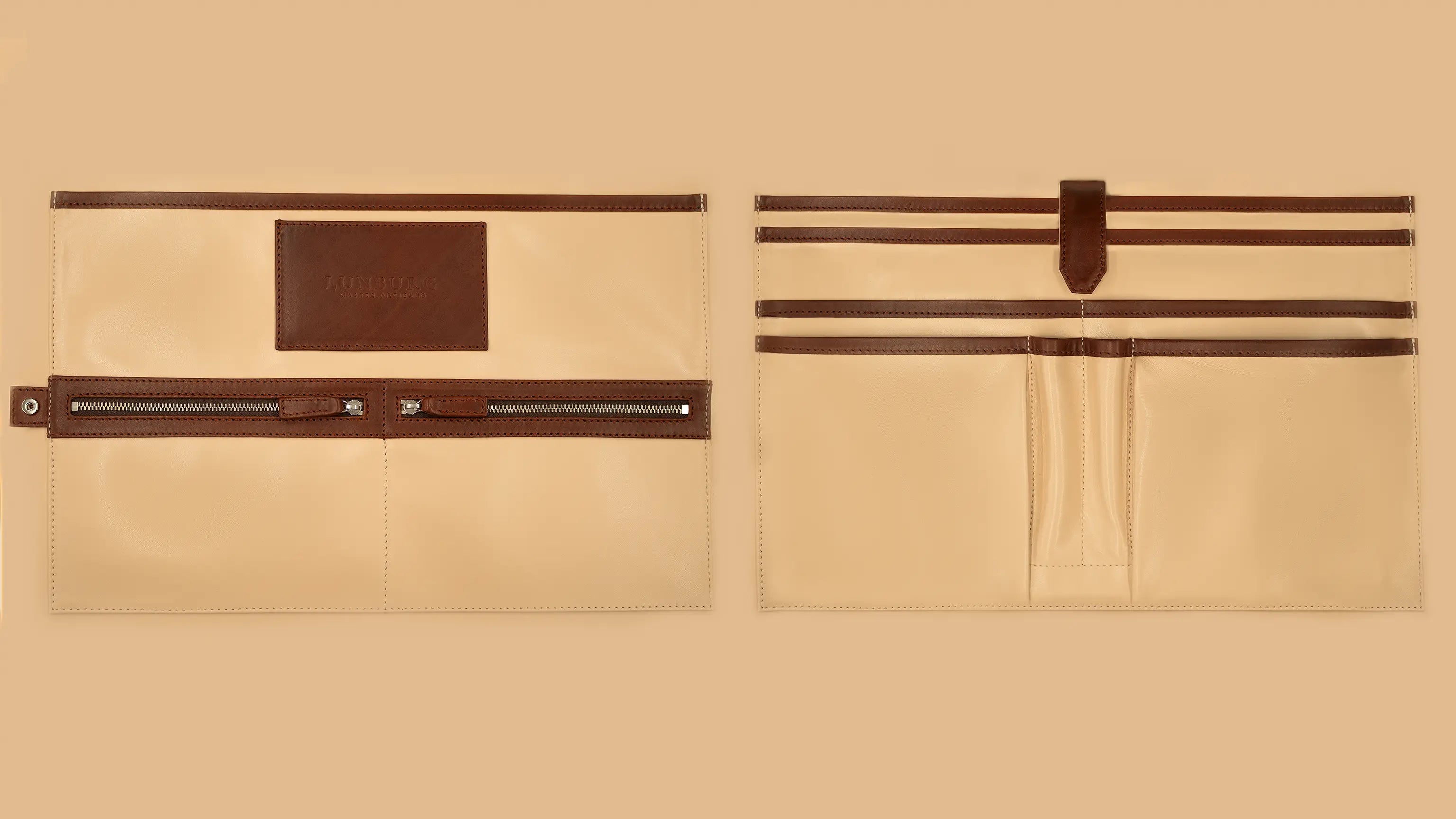Lunburg Opus Briefcase Integral interior layout in high-contrast goat leather lining, showing both panels: heat-embossed Lunburg card holder, two pen holders, dedicated compartments for laptop, tablet, and documents, two zipped pockets for secure storage, and four large open pockets for accessories, with Deep Mahogany Perpetual Leather (from Tempesti) trim and 316L stainless steel hardware.