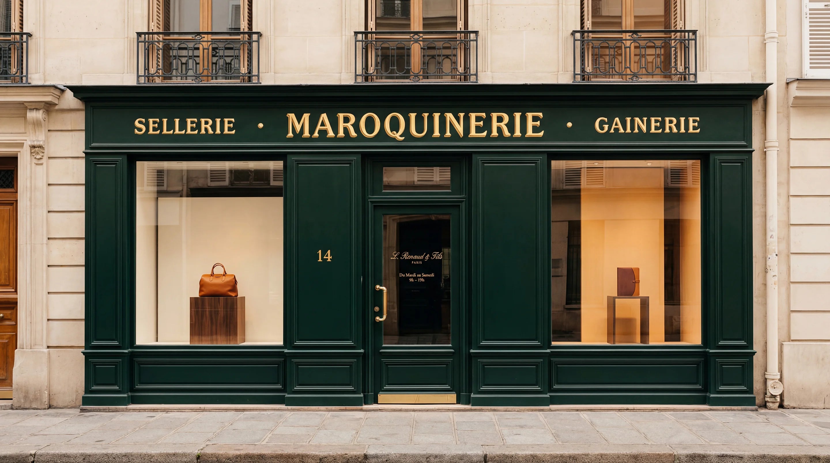 Classical Parisian maroquinerie storefront with deep green facade and gold leaf lettering reading Sellerie, Maroquinerie, Gainerie, a leather briefcase and folio displayed on walnut plinths in the windows, evoking the European tradition of fine leather goods 