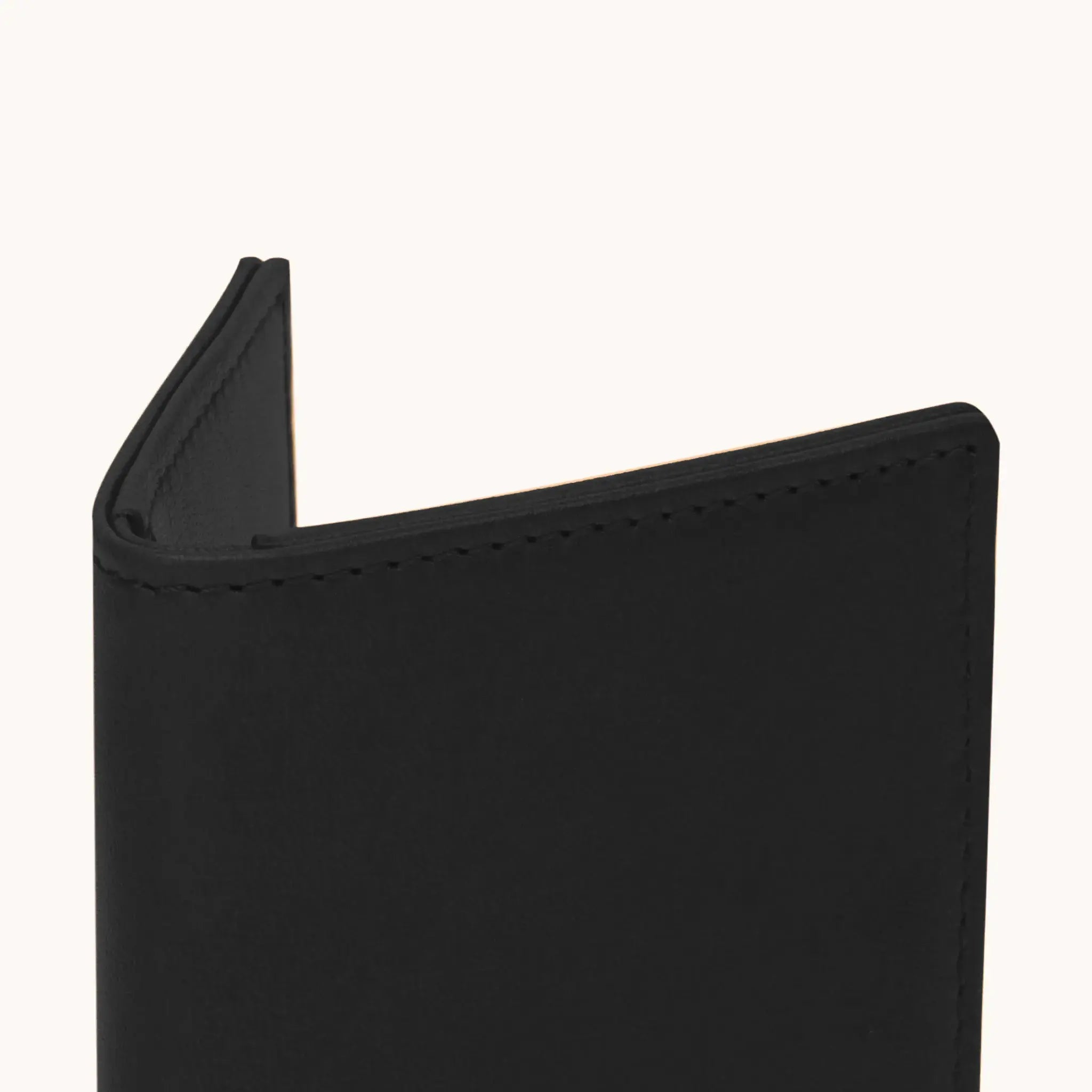 Lunburg Signet Passport Folio in Burnt Timber, close-up detail of the spine and upper edge showing the folded edge construction of Rempliage where no raw edges are visible, in vegetable-tanned Perpetual Leather (from Tempesti).