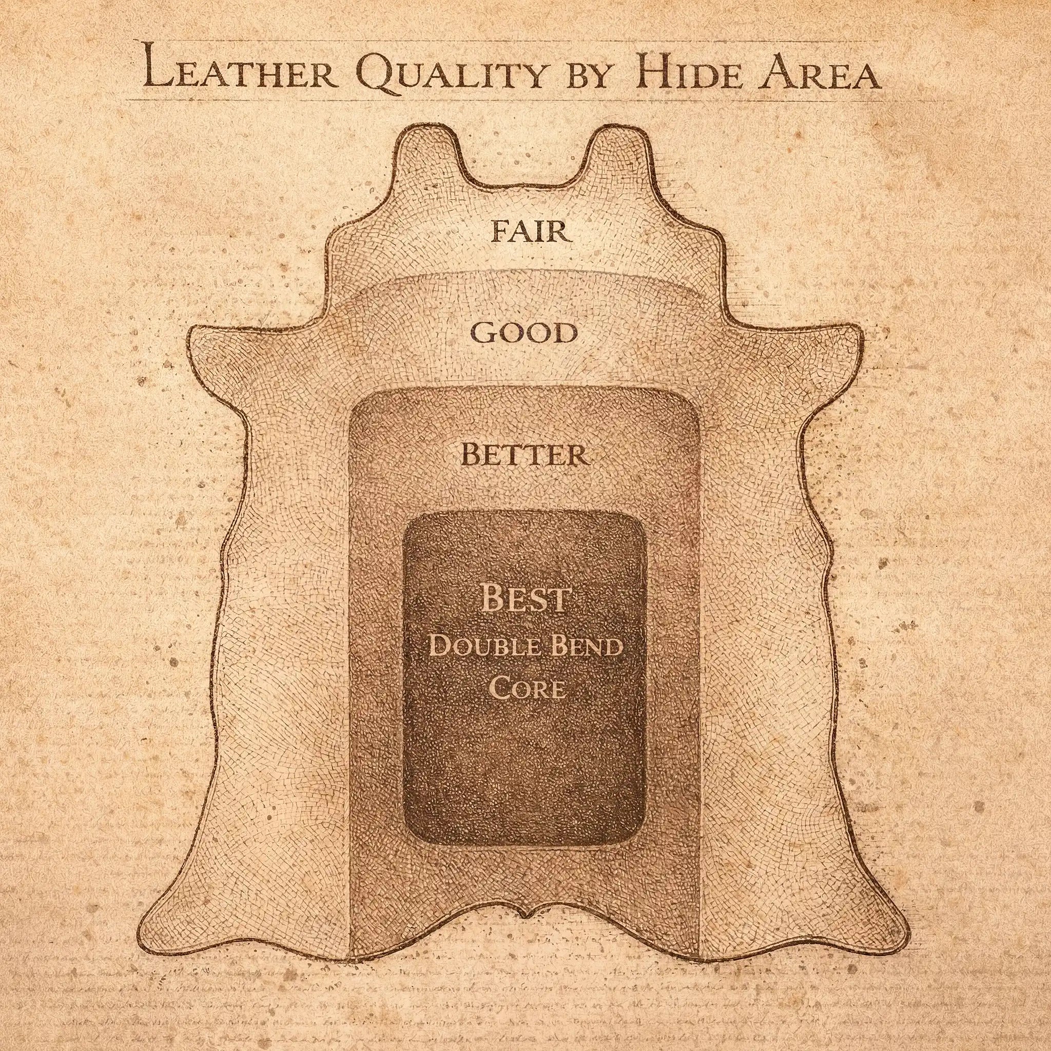 Illustrated diagram of a full cattle hide showing leather quality zones from outermost to innermost: Fair at the edges and neck, Good across the shoulders, Better through the midsection, and Best at the double bend core — the premium centre cut used exclusively for Perpetual Leather (from Tempesti).