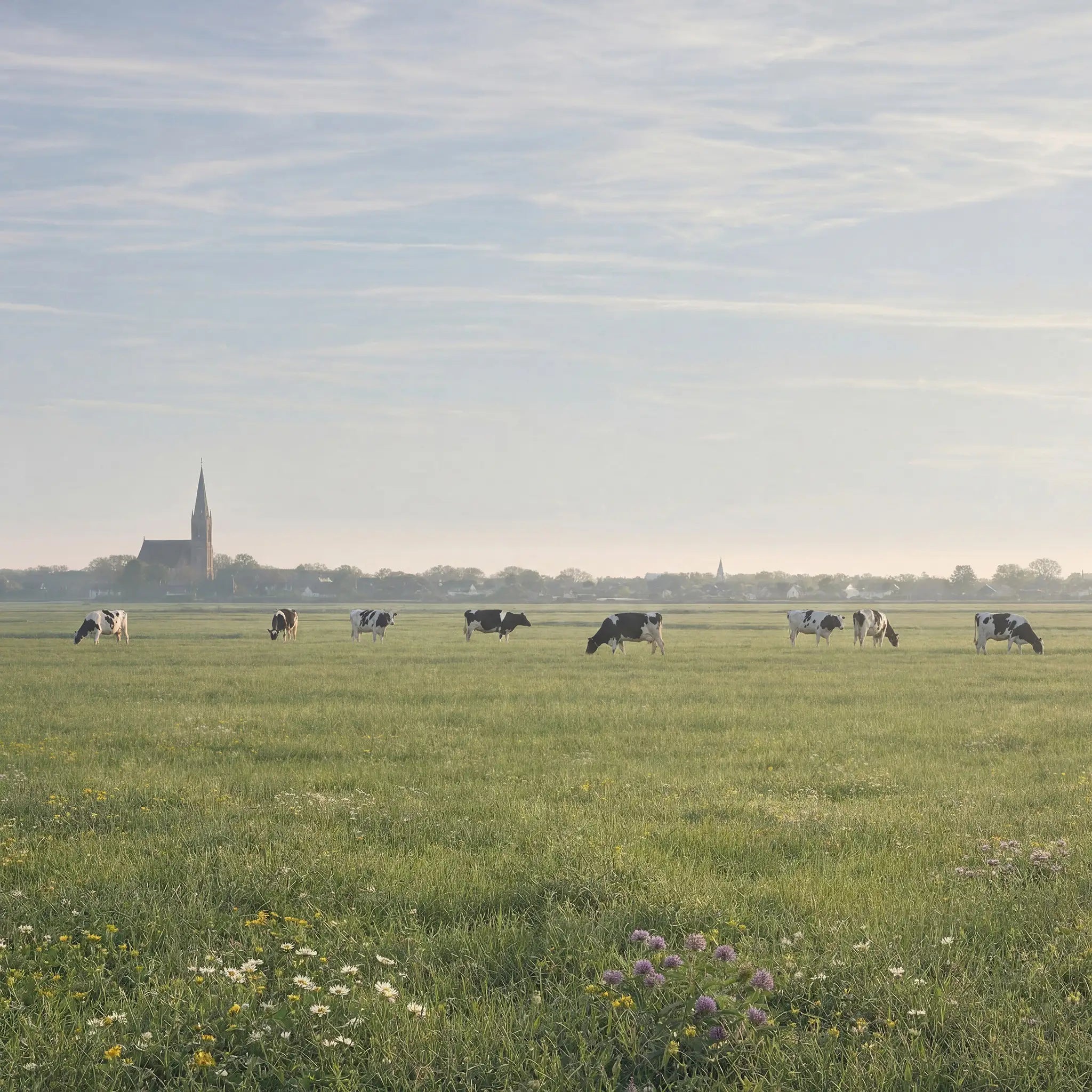 Cattle grazing on an open Northern European pasture at dawn, with wildflowers in the foreground and a village church spire on the horizon — representing the free-range farms that supply hides to Tempesti, where lower insect exposure and temperate climates produce cleaner, less scarred raw material for Perpetual Leather 