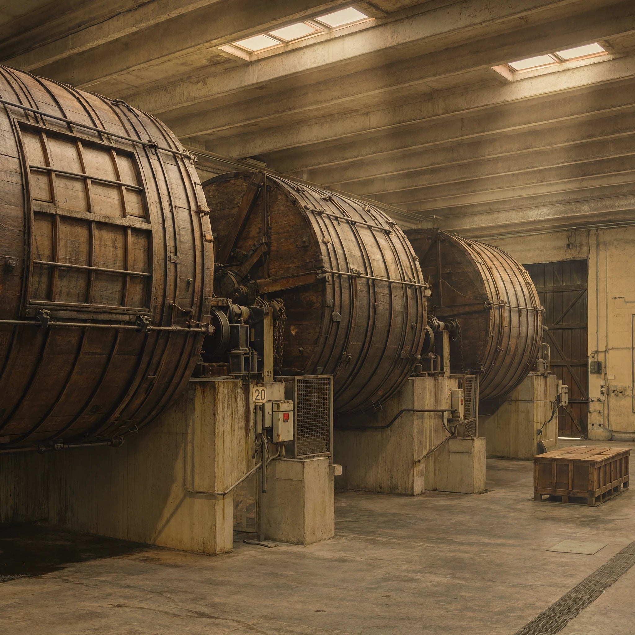 Massive wooden tanning drums inside the tannery in Tuscany, where vegetable-tanned Perpetual Leather is slowly tumbled with natural bark extracts over several weeks to develop its characteristic depth of colour and structural integrity.
