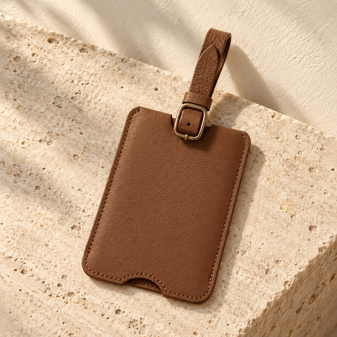 Etiqueta ilustrativa de equipaje con ventana extraíble: funda rectangular marrón con esquinas inferiores redondeadas, muesca semicircular de acceso y tira de sujeción con hebilla y presilla.