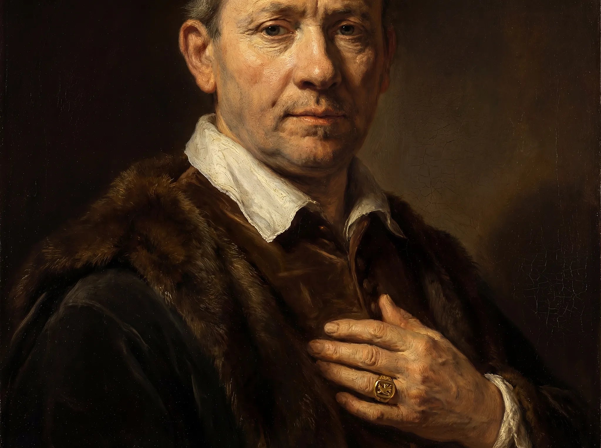 painting in the style of a Dutch Golden Age portrait depicting a gentleman in a fur-lined coat with a white collar, his hand resting at his chest to reveal a gold signet ring, evoking the era when identity was carried on the hand and sealed with a singular mark of presence, the inspiration behind the Lunburg Signet collection name.