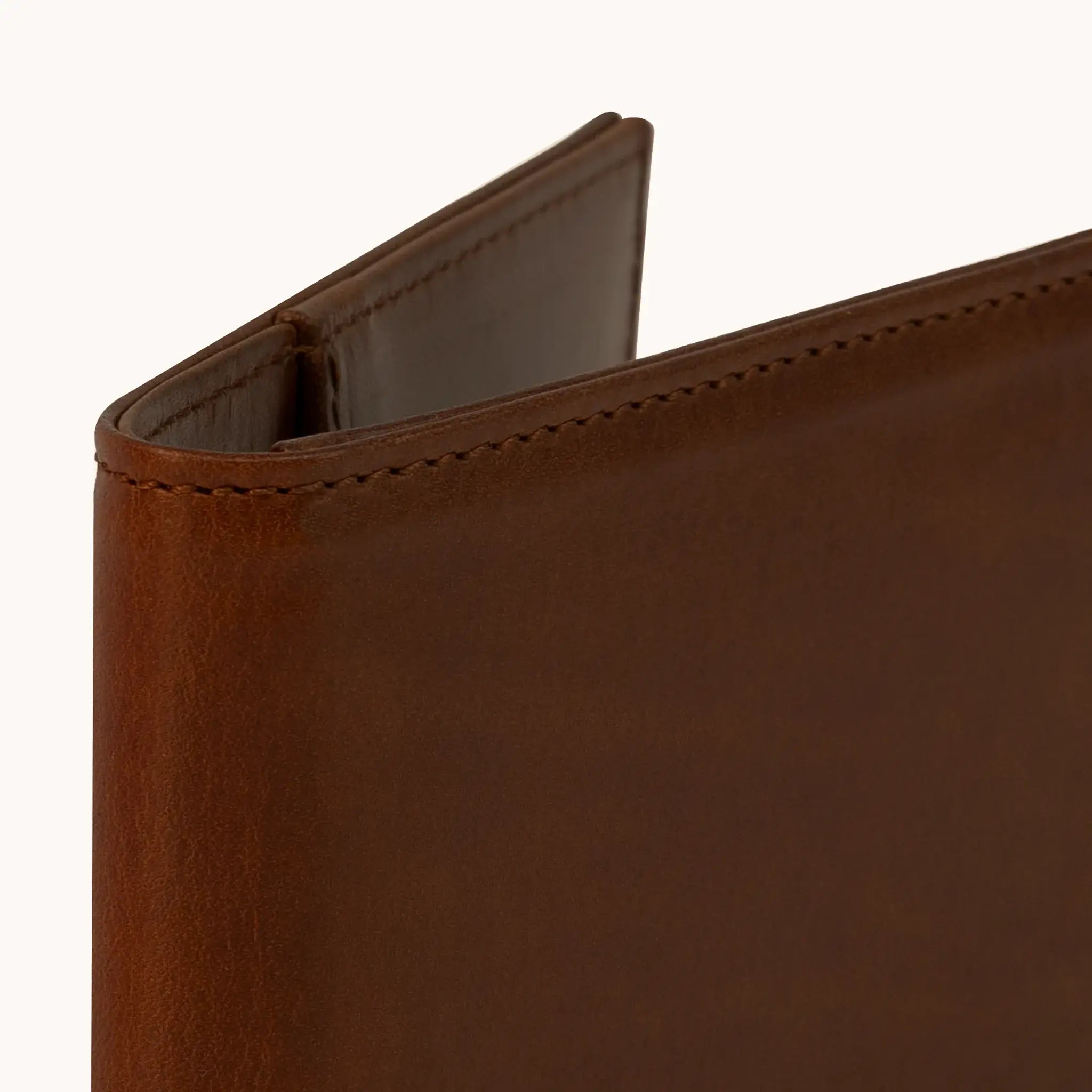 Lunburg Signet Small Horizontal in Deep Mahogany, close-up detail of the spine and upper card slot edges showing the folded edge construction of Rempliage where no raw edges are visible, in vegetable-tanned Perpetual Leather (from Tempesti).