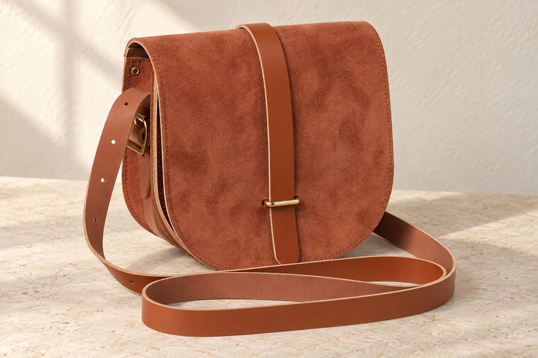 Illustrative saddle bag with a suede-looking rounded flap and smooth centre tab passing through a rectangular loop.
