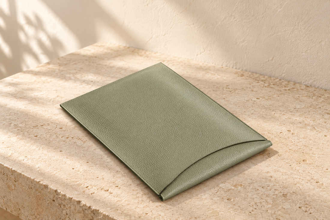 Funda ilustrativa desplegable como superficie de trabajo: funda fina plana verde salvia con borde de cierre ancho curvo y perímetro cosido.