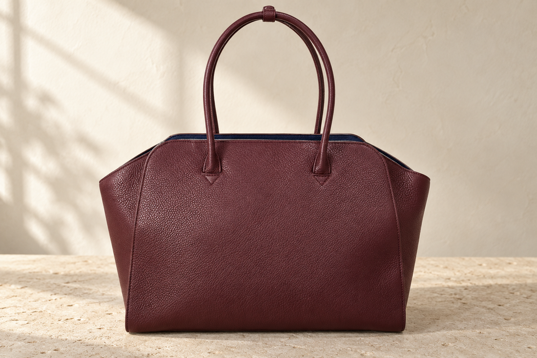 Illustrative oxblood organiser tote with angled upper corners, tall rounded handles and flattened stitched mounts.